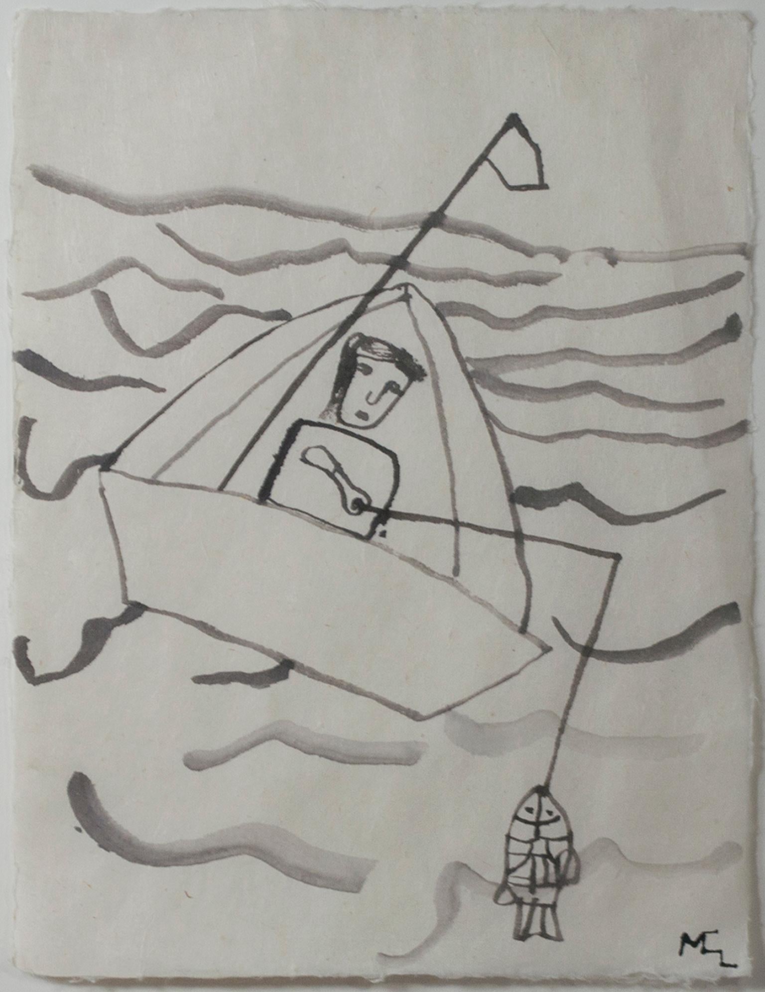 "Fisherman in Boat, " Ink on Japon Nacre Paper signed by Miguel Castro Leñero