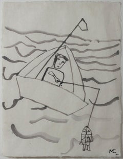 Vintage "Fisherman in Boat, " Ink on Japon Nacre Paper signed by Miguel Castro Leñero