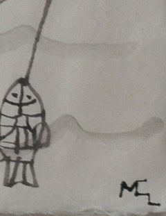 "Fisherman in Boat, " Ink on Japon Nacre Paper signed by Miguel Castro Leñero