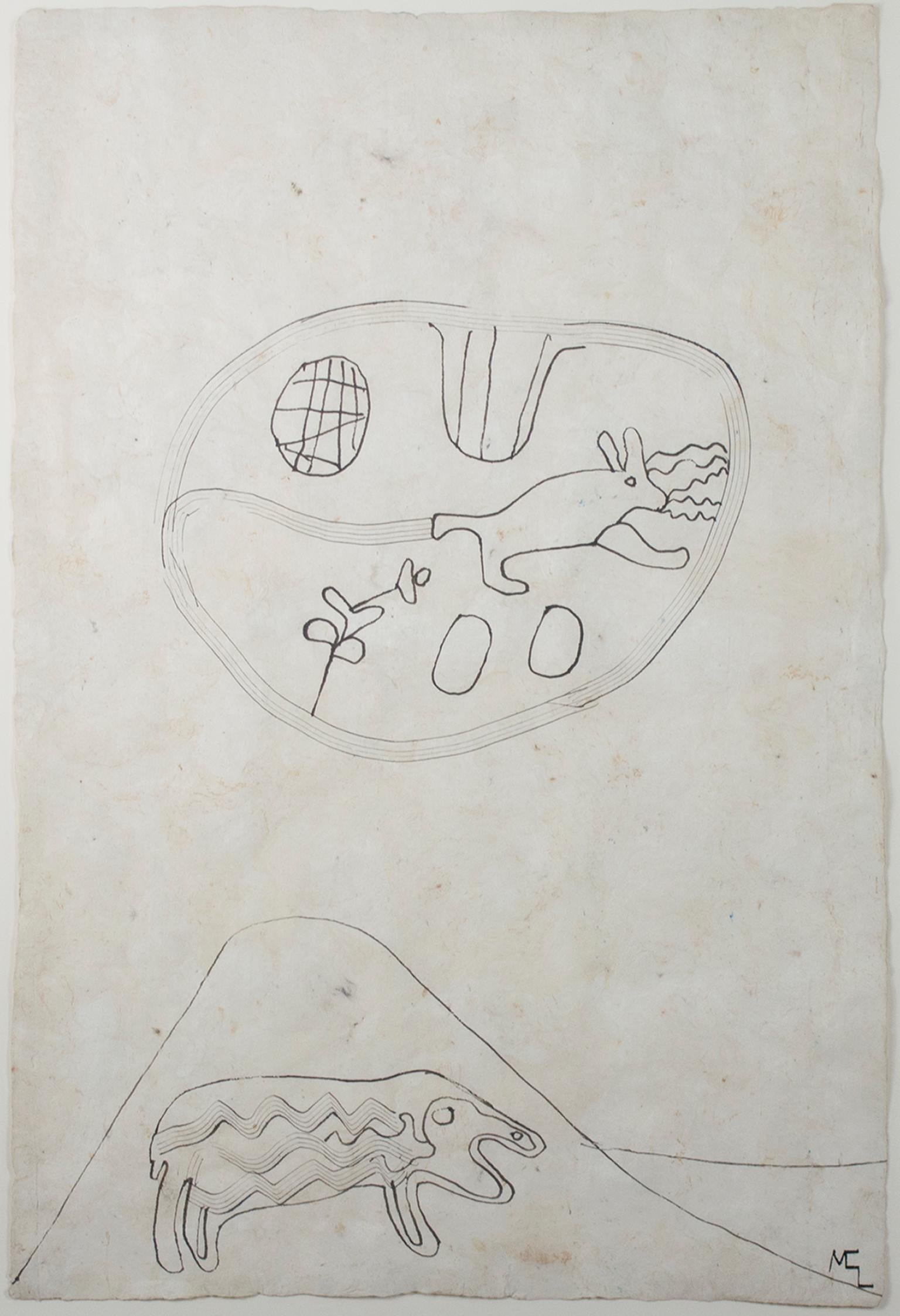 "Schaf, Kaninchen in der Wüste" ist eine Original-Tuschezeichnung auf handgeschöpftem Amateurpapier von Miguel Castro Leñero. Der Künstler hat das Werk unten rechts paraphiert. Dieses Stück zeigt zwei abstrahierte Tiere. 

23 1/2" x 15 3/4"