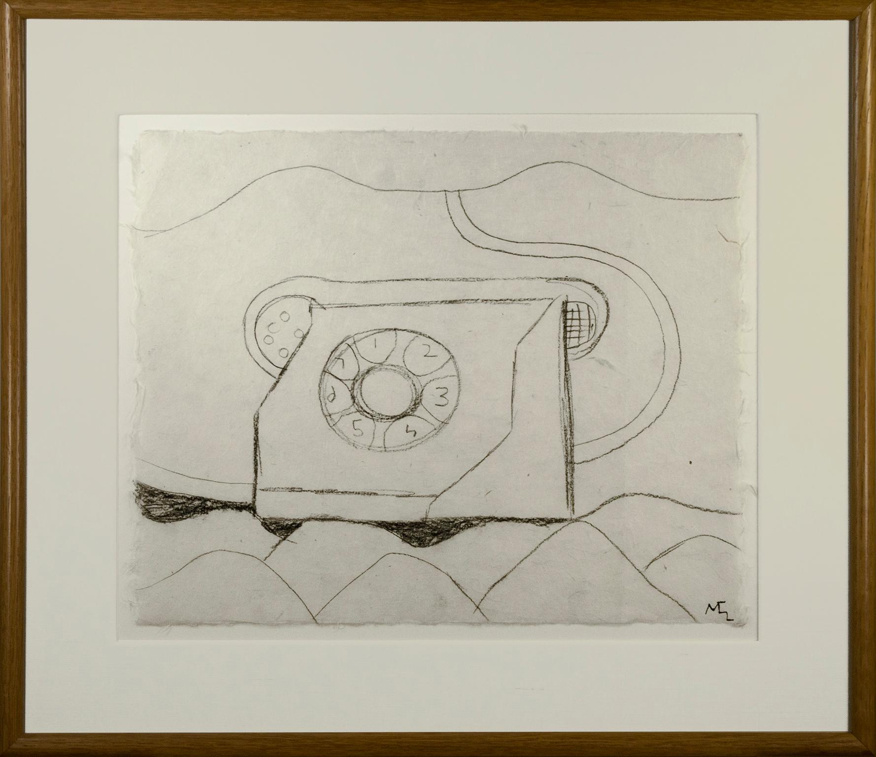 „Telephone in Landscape“, Holzkohle auf handgefertigtem Papier von Miguel Castro Leero im Angebot 1