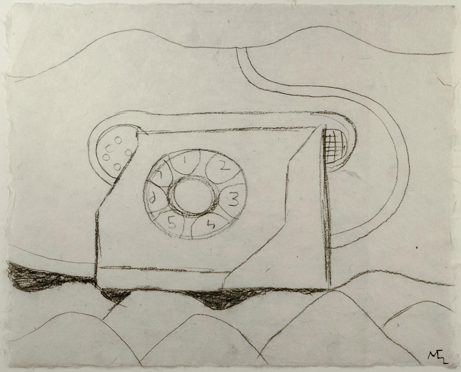 Miguel Castro Leñero Still-Life – „Telephone in Landscape“, Holzkohle auf handgefertigtem Papier von Miguel Castro Leero
