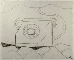 Vintage "Telephone in Landscape, " Charcoal on Handmade Paper by Miguel Castro Leñero