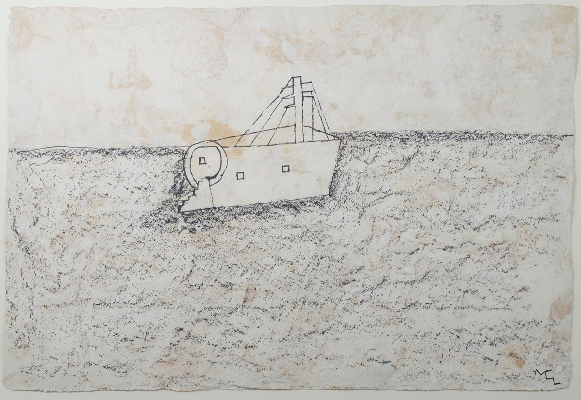"Fishing Boat, " Ink & Charcoal on Handmade Paper signed by Miguel Castro Leñero