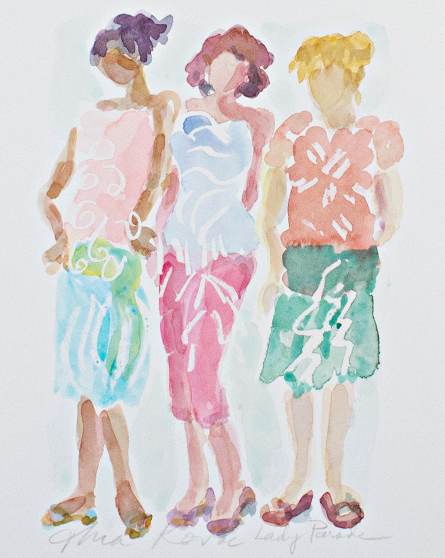 "Lady Parade III" is an original watercolor painting by Thea Kovac. The artist signed and titled the piece below the image. This piece features three women in brightly colored dress.

9" x 6 1/2" art
19" x 15 1/4" frame

THEA KOVAC is a visual