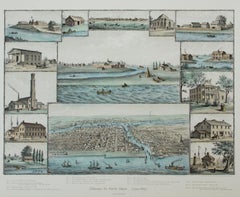 Antique 19th century landscape color lithograph seascape buildings cityscape houses