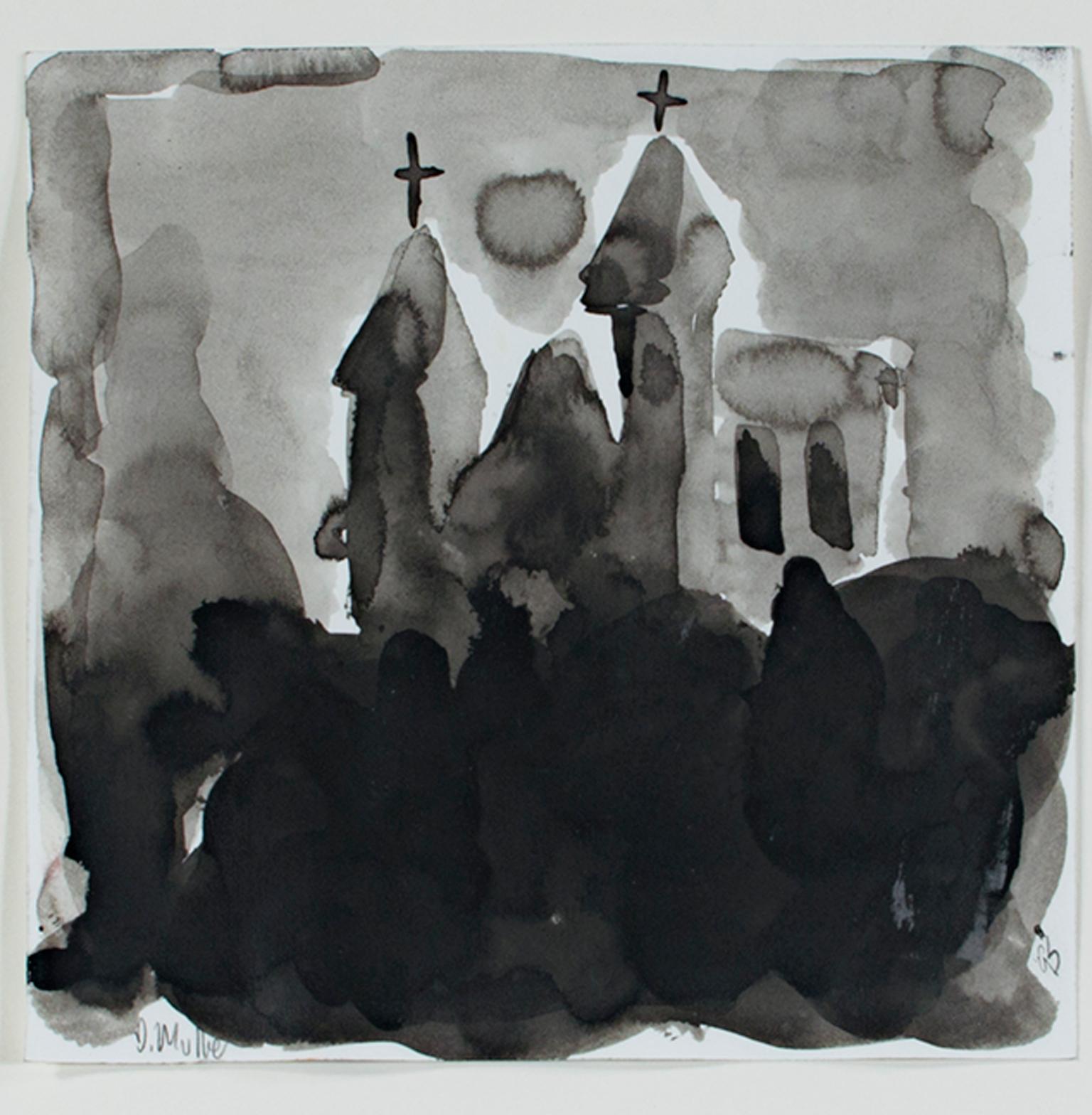 "Santa Colina" es una pintura original a tinta sobre papel de Dan Muller. El artista firmó la obra en la parte inferior izquierda. Esta pieza muestra una representación abstracta de una iglesia en blanco y negro. La iglesia en cuestión es un punto