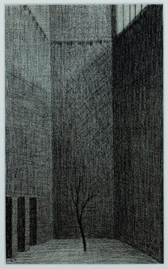 "Tree in Court, " Black & White Conte Drawing signed by Laurence Rathsack