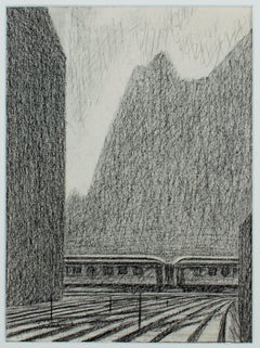 Conte Zeichnung auf Papier für „Train Between Buildings“ von Laurence Rathsack