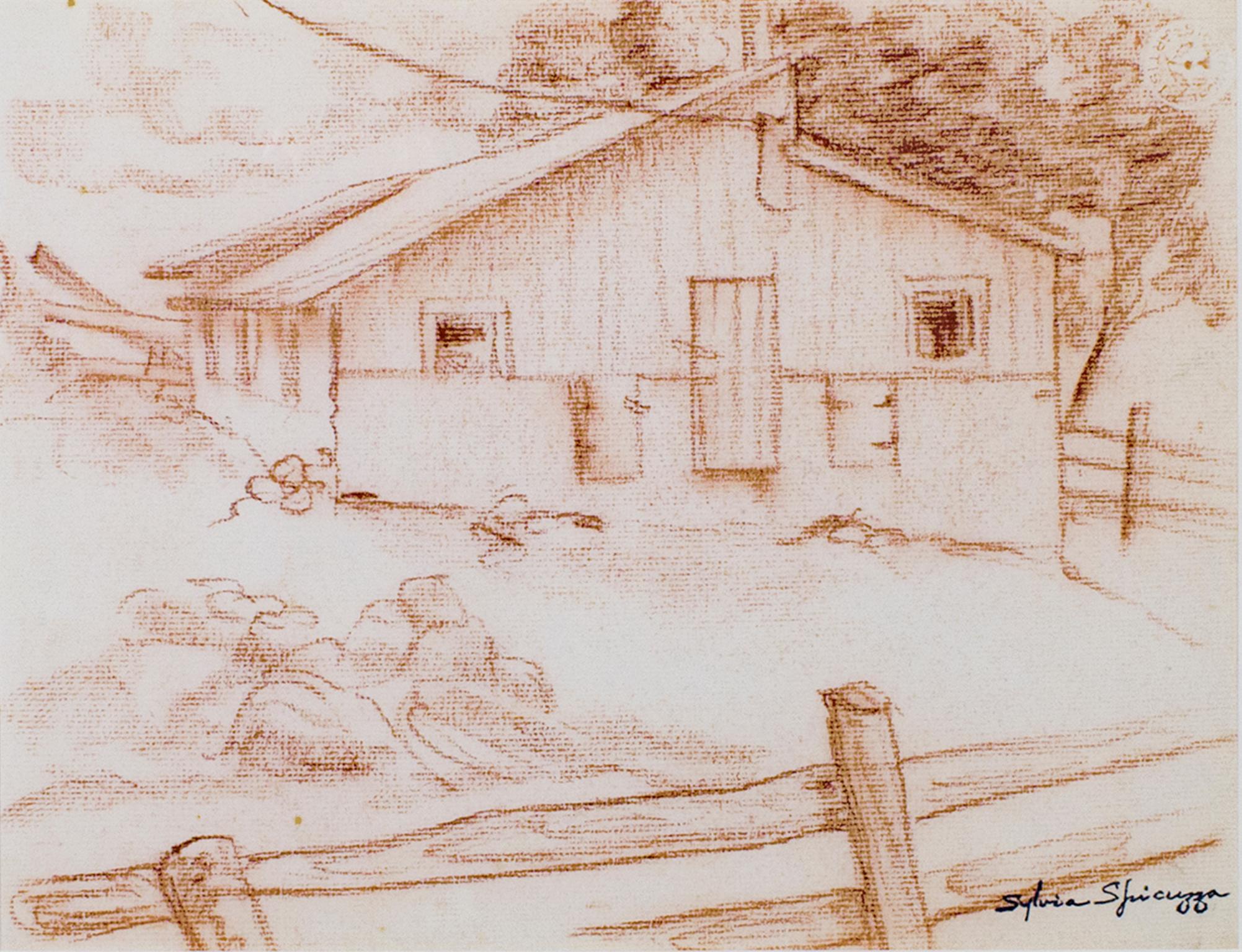 Sylvia Spicuzza Landscape Art - "Barn Near Big Cedar Lake #781, " Original Sepia Conte signed by S. Spicuzza