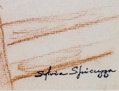 20th century conte landscape drawing sepia barn outdoor sketch pastoral signed