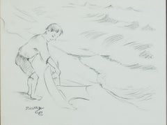 Vintage "Boy Launching Toy Sailboat 353, " Original Graphite signed by Francesco Spicuzza