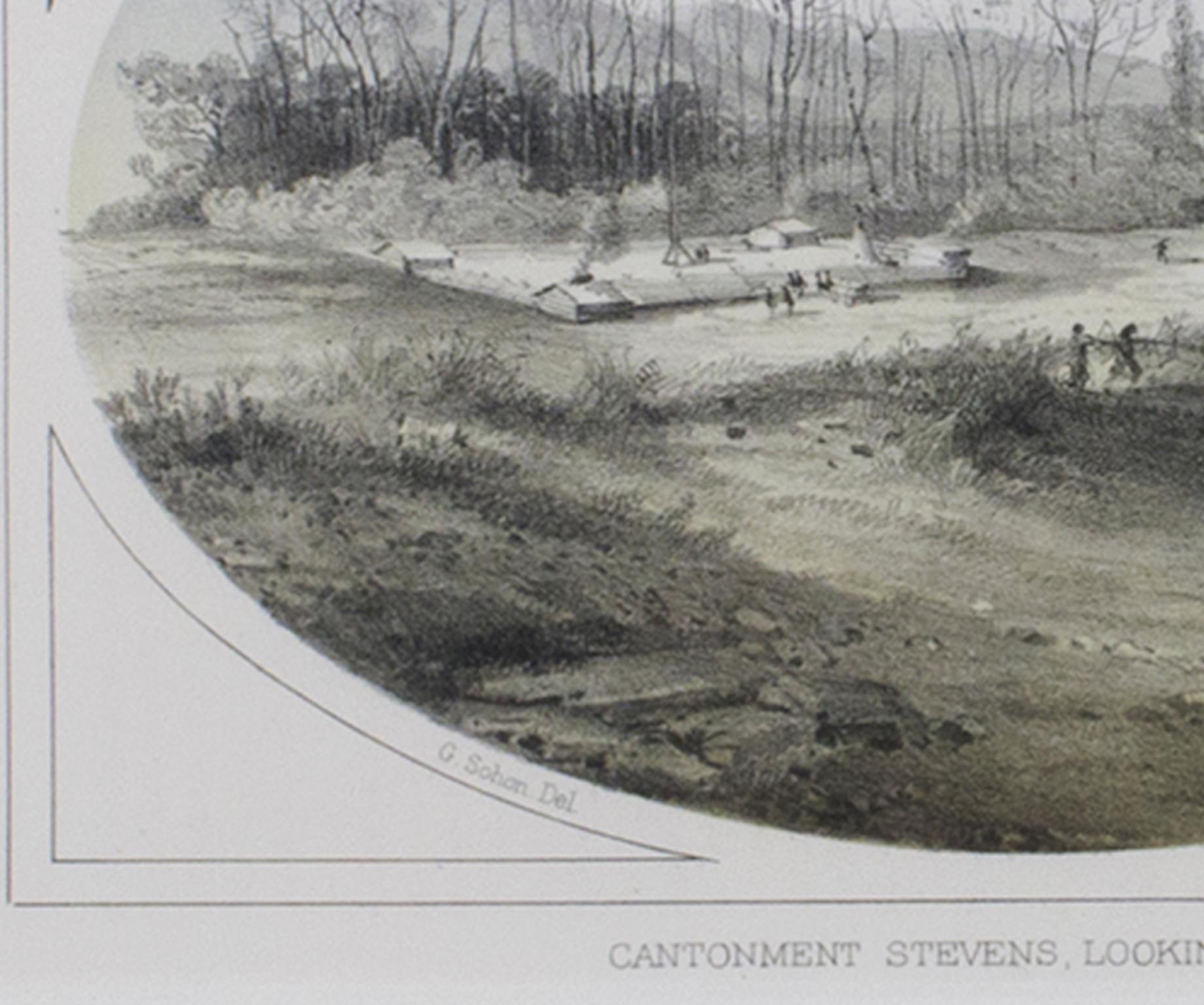 « Cantonment Stevens, Looking Westward », lithographie colorée à la main par G. Sohon - Réalisme Print par Gustavus Sohon