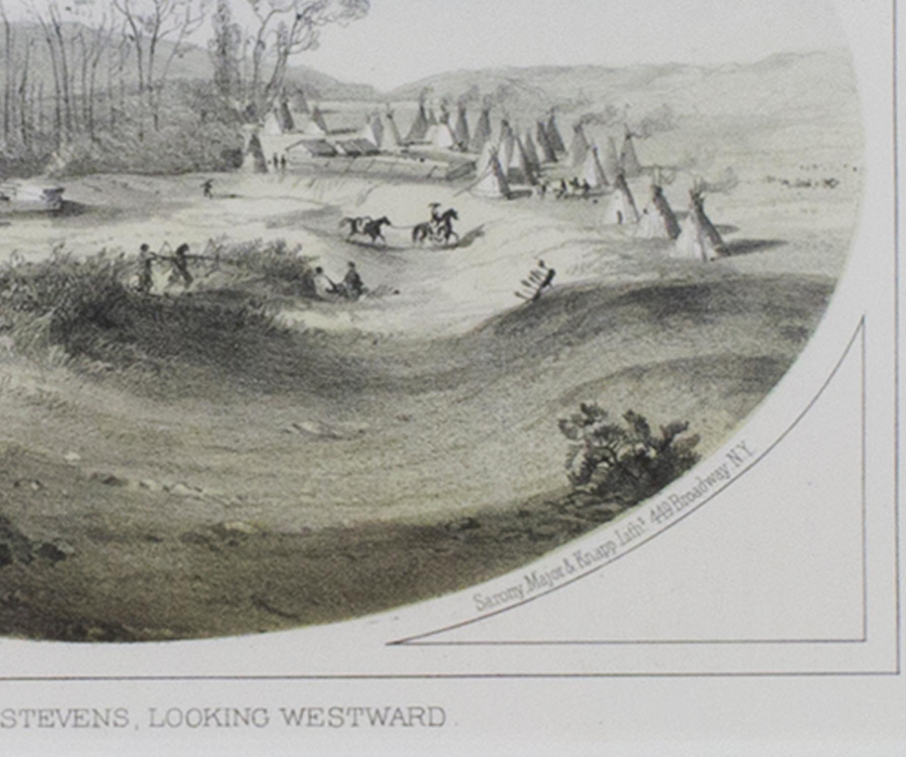 « Cantonment Stevens, Looking Westward », lithographie colorée à la main par G. Sohon - Print de Gustavus Sohon