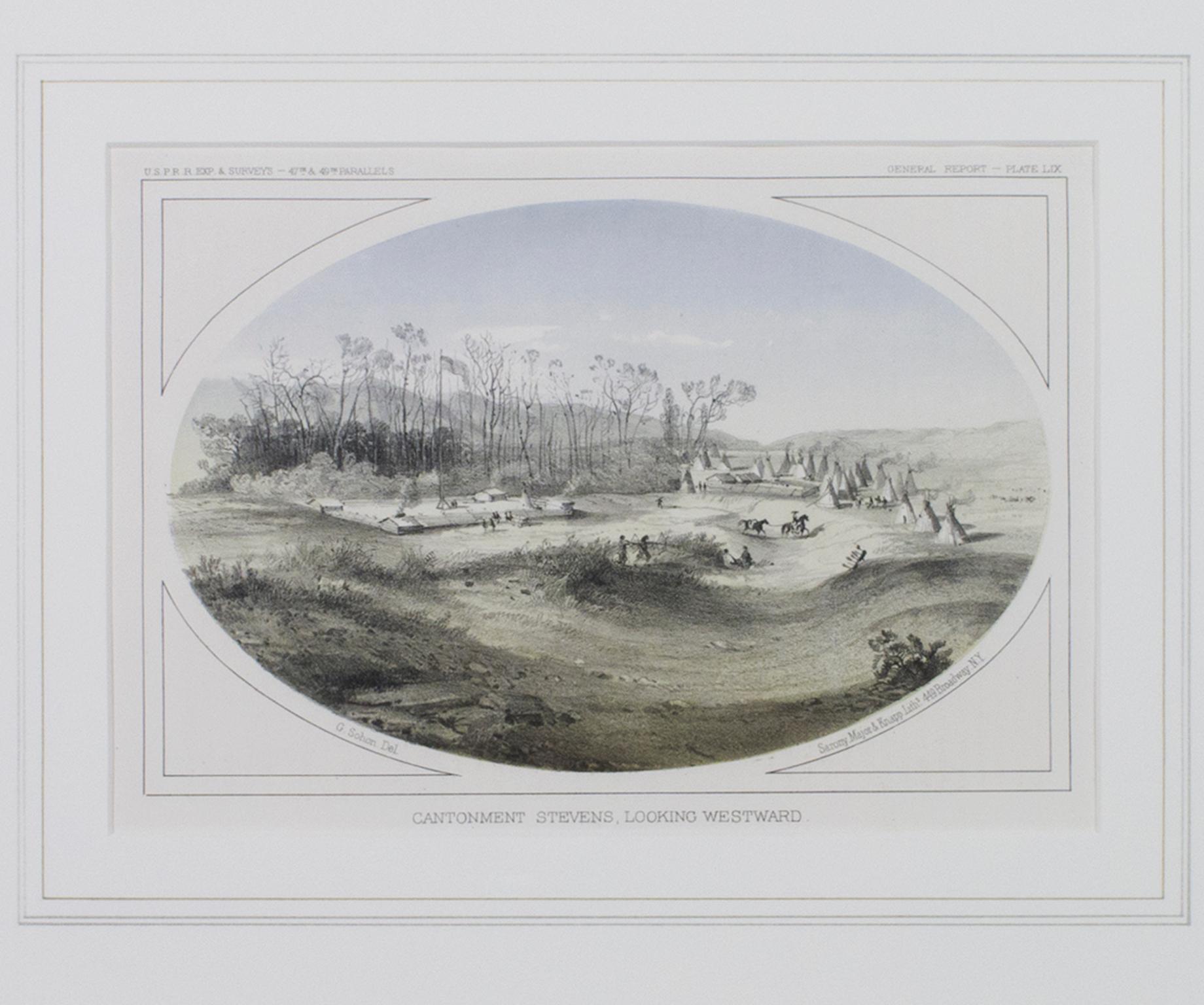 Gustavus Sohon Landscape Print – ""Cantonment Stevens, Looking Westward", handkolorierte Lithographie von G. Sohon