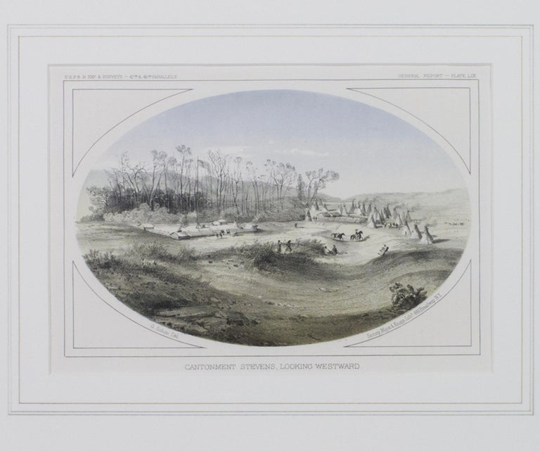 Gustavus Sohon Landscape Print - "Cantonment Stevens, Looking Westward," Hand-colored Lithograph by G. Sohon