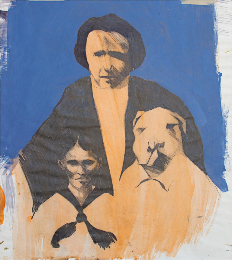 "Family Portrait" is an original gouache and pencil piece on paper by Thomas Smith. The artist uses pure, unmixed color in flat planes, shading only on the faces of the figures, which makes them stand out from the rest of the image. The three
