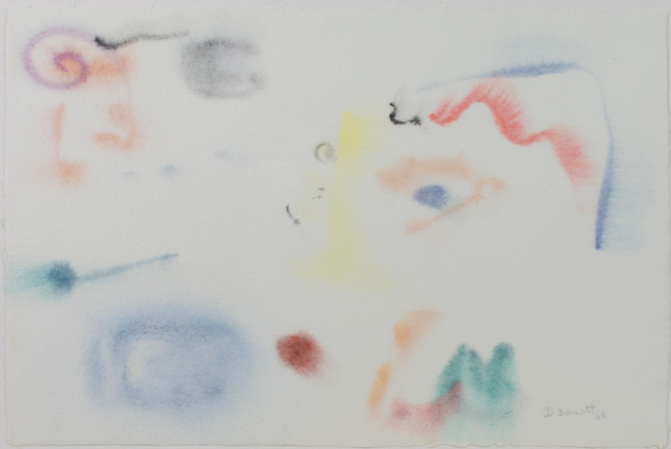 "Constellations" is an original watercolor painting on textured paper by David Barnett, signed in the lower right corner. It is an abstract piece characterized by minimally-applied lines and swirls of color, highly reminiscent of Joan Miró. 

Art