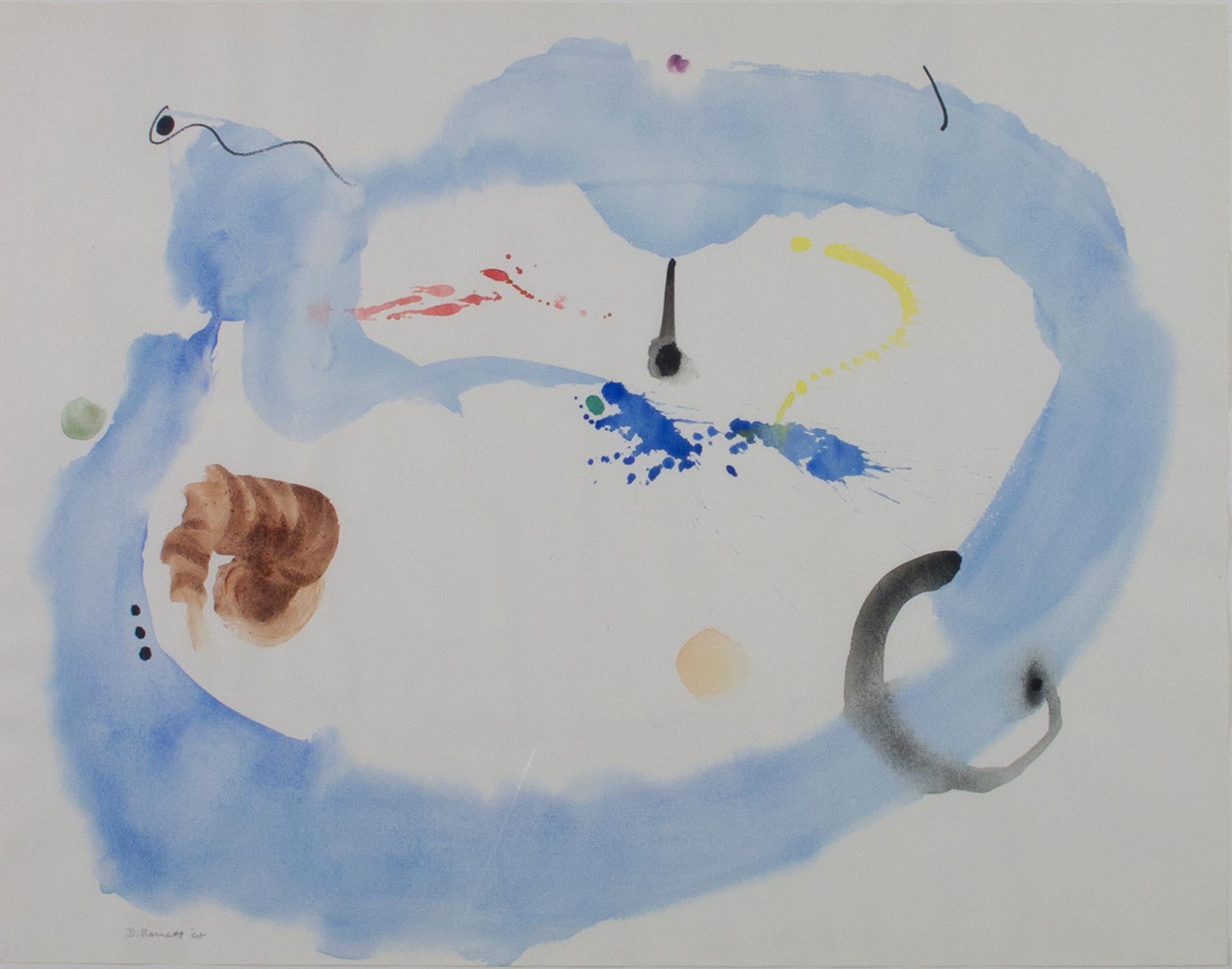 "Constellation with Blue Cloud" ist ein Original-Aquarell auf Papier von David Barnett, signiert und datiert unten links. Das Werk ist abstrakt; ein großer blauer Ring mit schwankenden Rändern umkreist rote, gelbe, braune und schwarze Flecken.