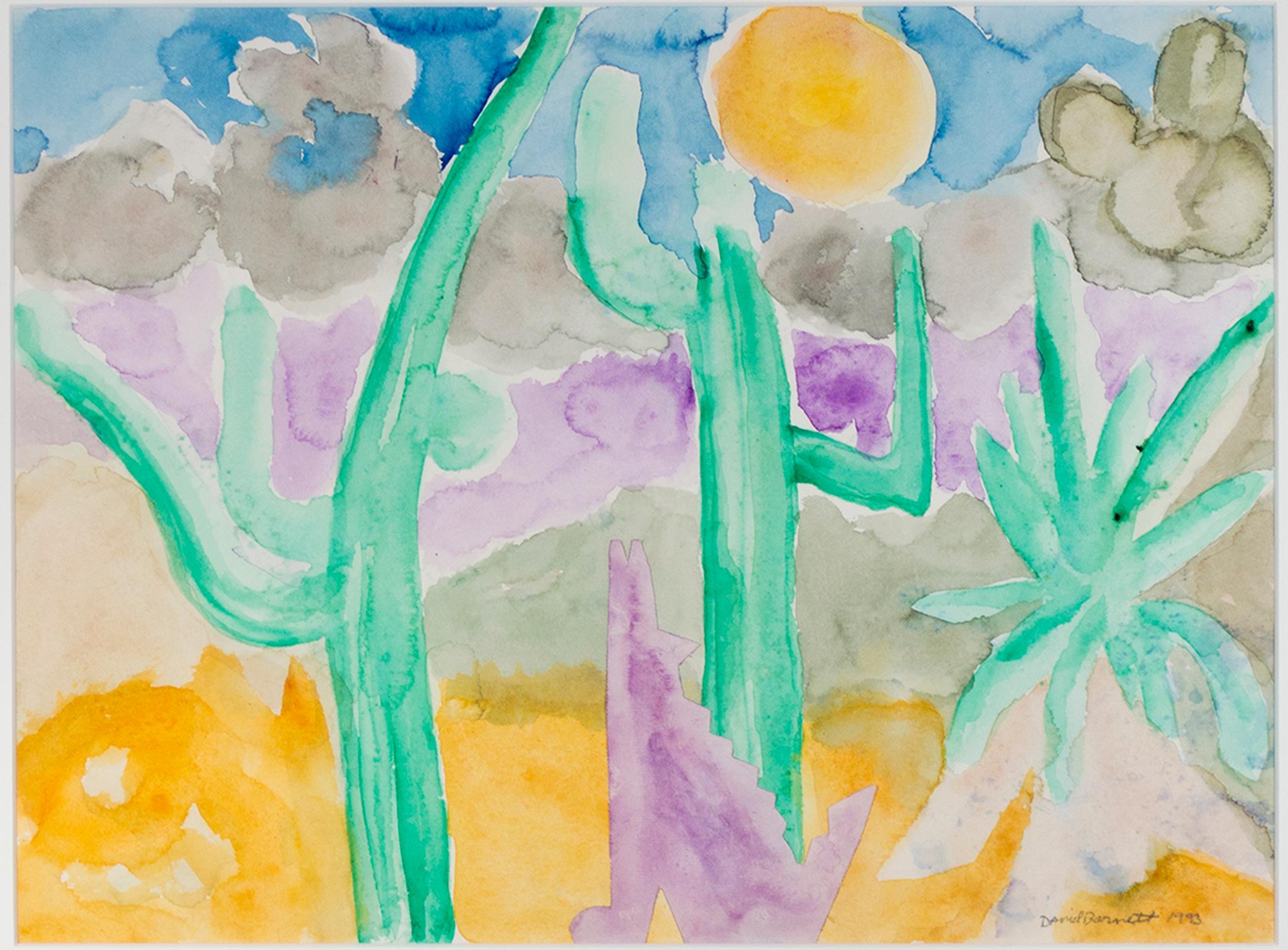 "Dancing Saguaro & Coyote" ist ein Originalaquarell von David Barnett, signiert in der unteren rechten Ecke. Die abstrahierte Wüstenlandschaft ist in Schichten von reinem, leuchtendem Gelb, Grün, Lila, Blau und Schwarz gehalten. Die vereinfachten