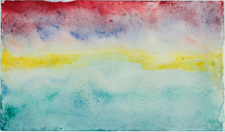 "Beaver Lake Sunset Nov. 11, 1996" is an original watercolor painting on antique J. Whatman Paper by David Barnett, signed in pencil in the lower right corner. The sunset is rendered in abstract stripes with blue-green on the bottom and a deep red