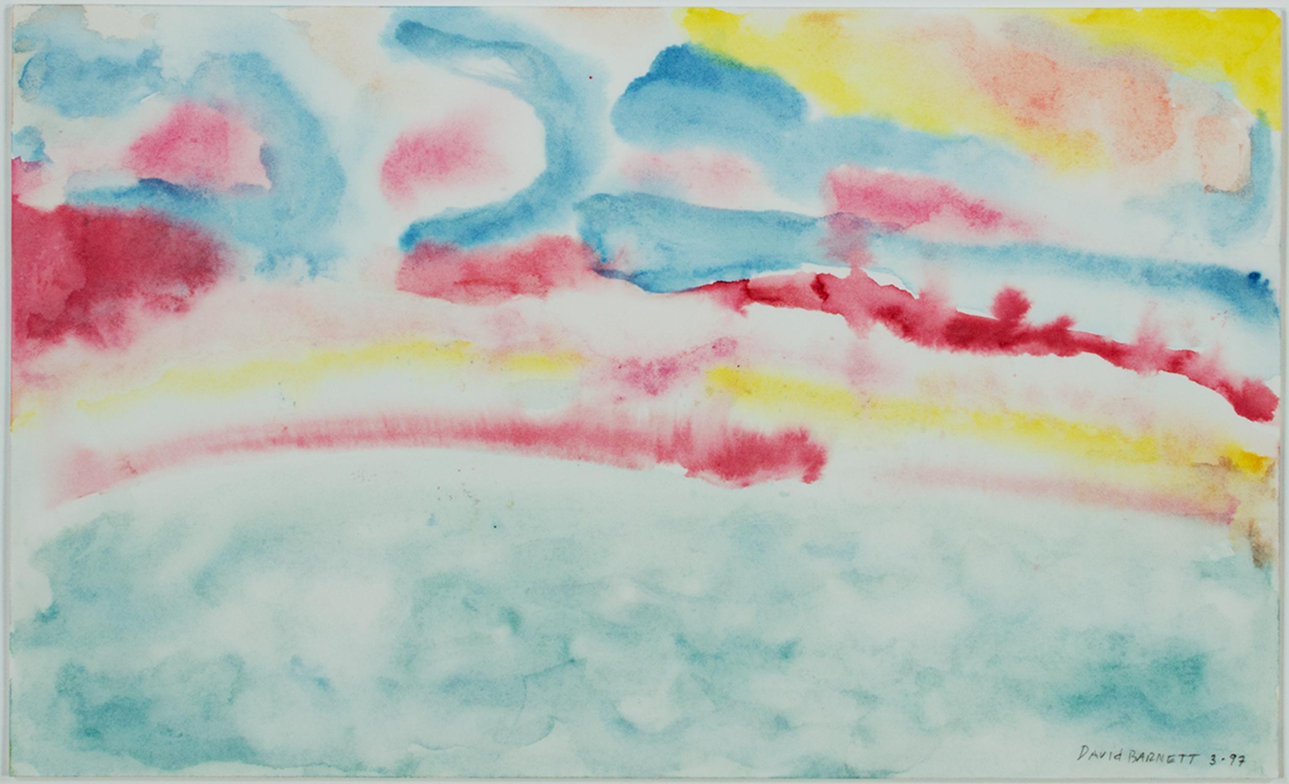 "Beaver Lake Sunrise IV" est une aquarelle originale sur papier de David Barnett, signée dans le coin inférieur droit. Cette œuvre abstraite présente des bandes lumineuses de couleurs primaires représentant le ciel au-dessus d'un lac bleu-vert