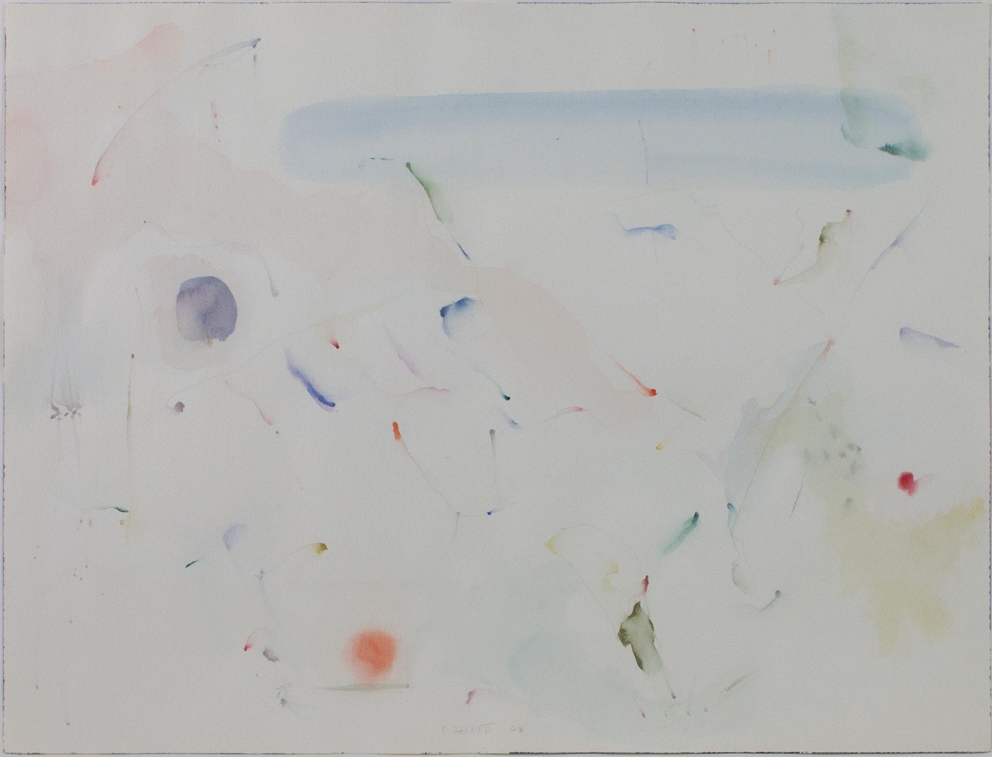 "Lake Michigan Shore" is an original watercolor painting by David Barnett, signed in the lower center. The image is abstract, horizon suggested by the thick blue line near the top of the page. The playful lines and areas of color recall the beach