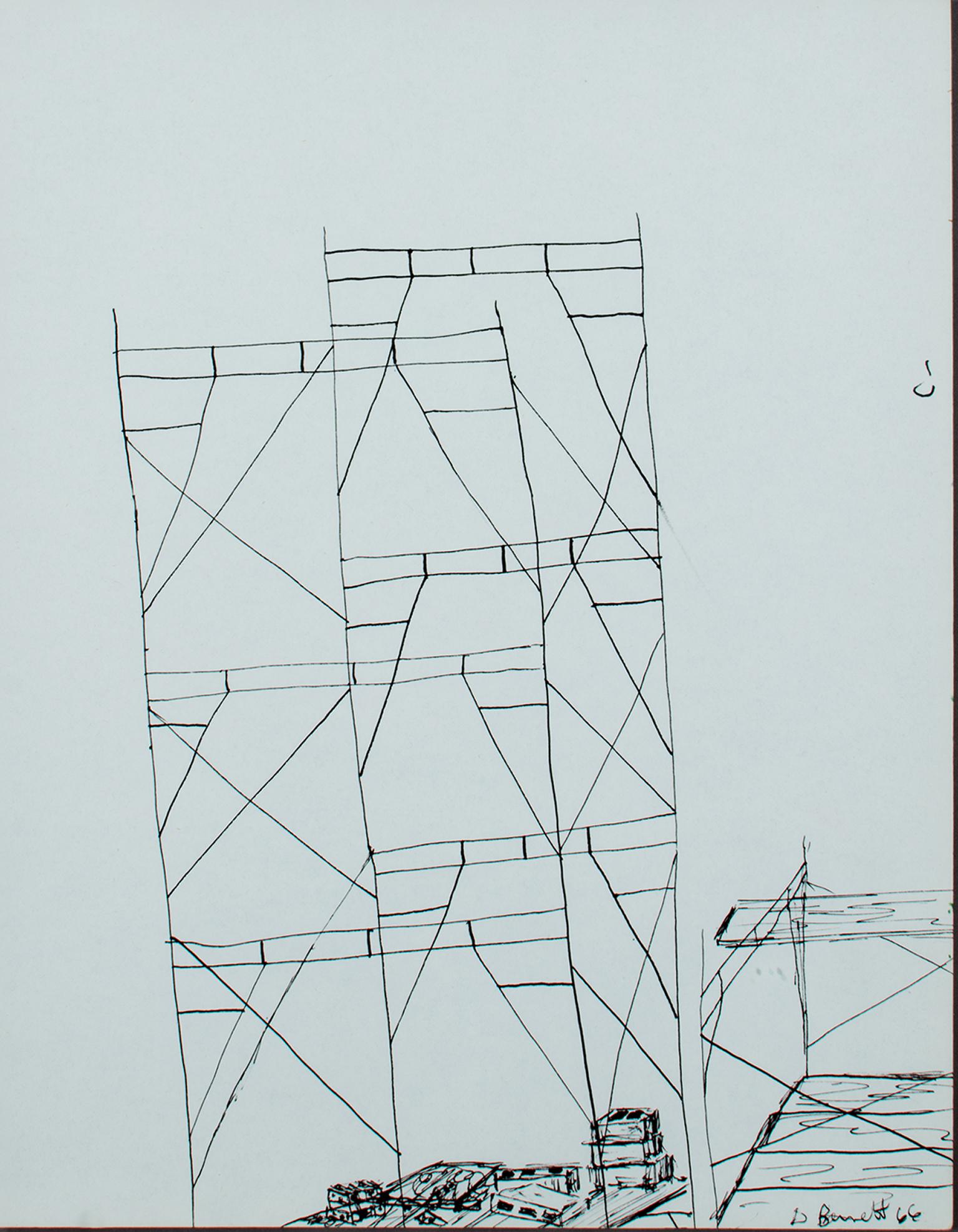 "Scaffolding" est un dessin original à l'encre de David Barnett, signé dans le coin inférieur droit. Ce dessin au trait minimal est une étude de la forme d'un échafaudage, la réduisant à ses lignes géométriques les plus élémentaires. L'effet est