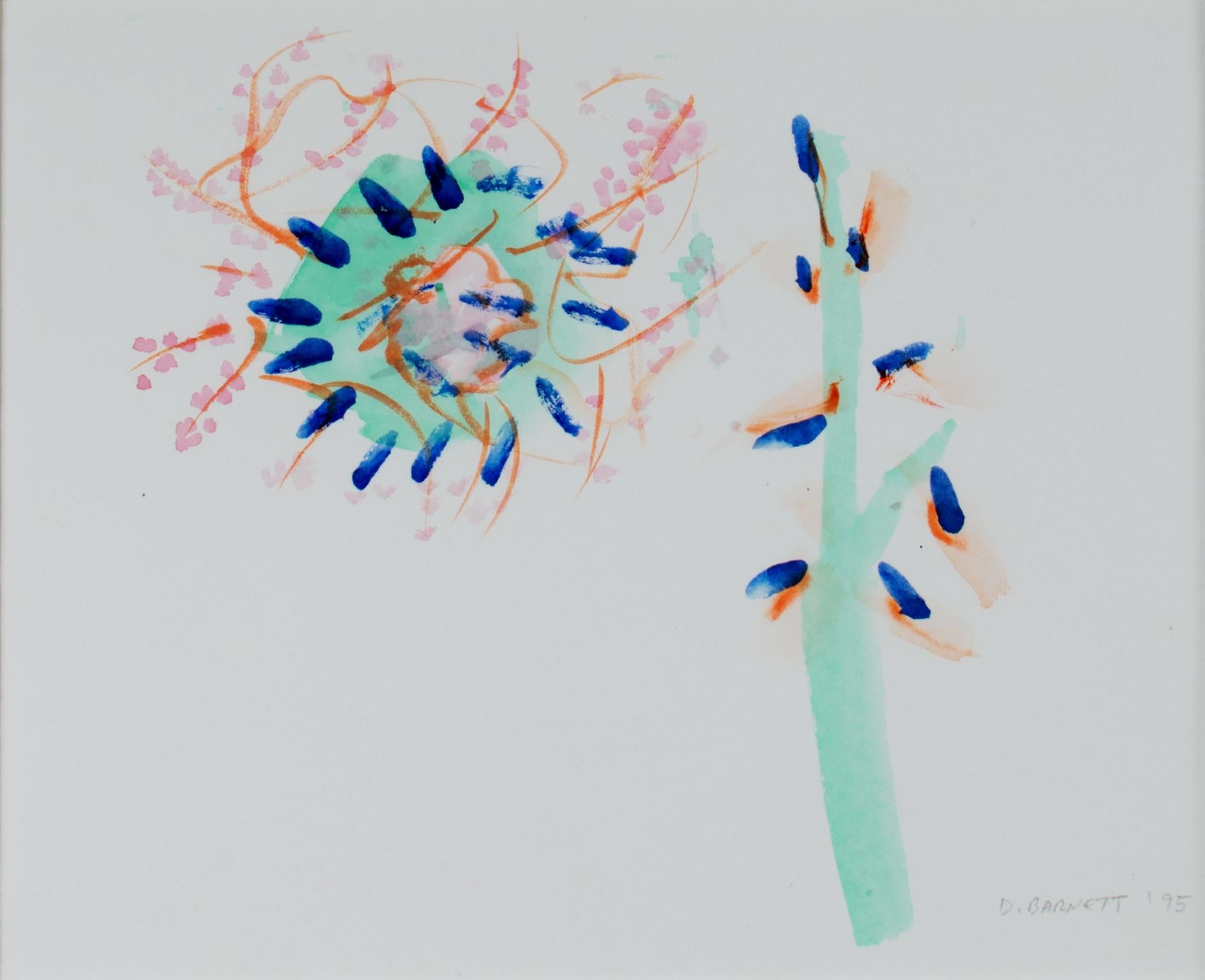 "Flowers & Branch" is an original watercolor by David Barnett, signed in the lower right corner. It features an abstract stem with orange and blue flower buds, plus an enlarged view of an open flower.

Art size: 9" x 11"
Frame size: 17" x 19"

David