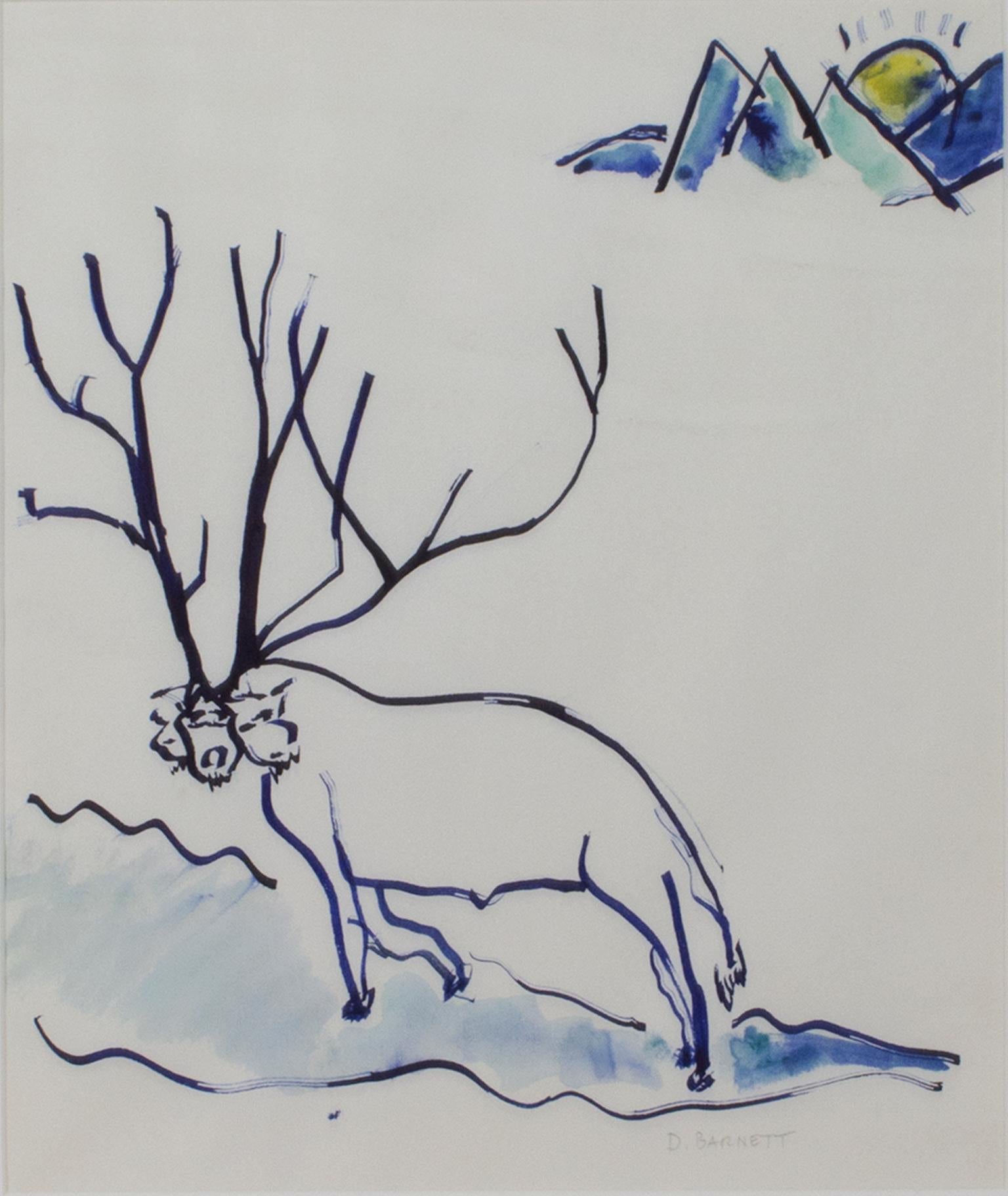 „Reindeer“, Original abstraktes, surreales, surreales Aquarell, signiert von David Barnett