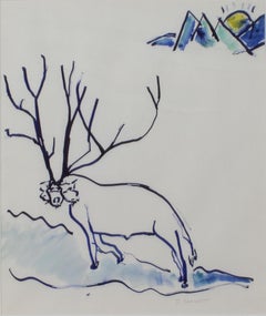 "Reindeer", Aquarelle abstraite surréaliste originale signée par David Barnett