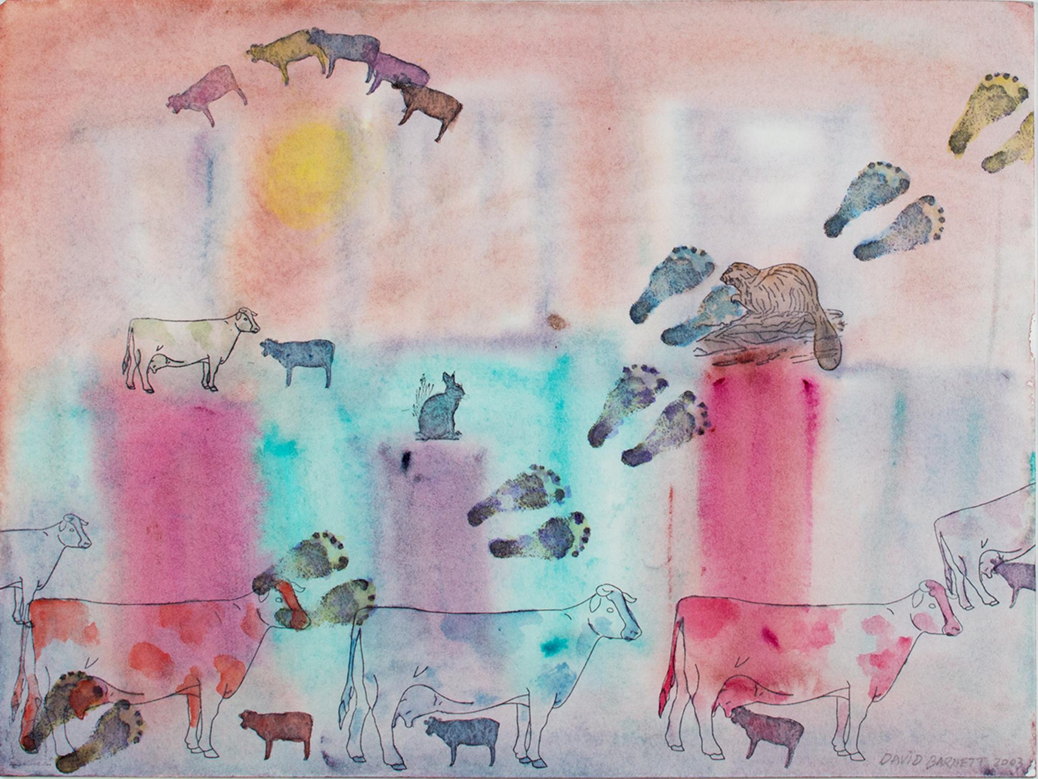 David Barnett Animal Art – „Impressionen von Mexiko-Stadt: Sueno Vaca (Kuhn-Träumende Kühe)“ Aquarell von Barnett
