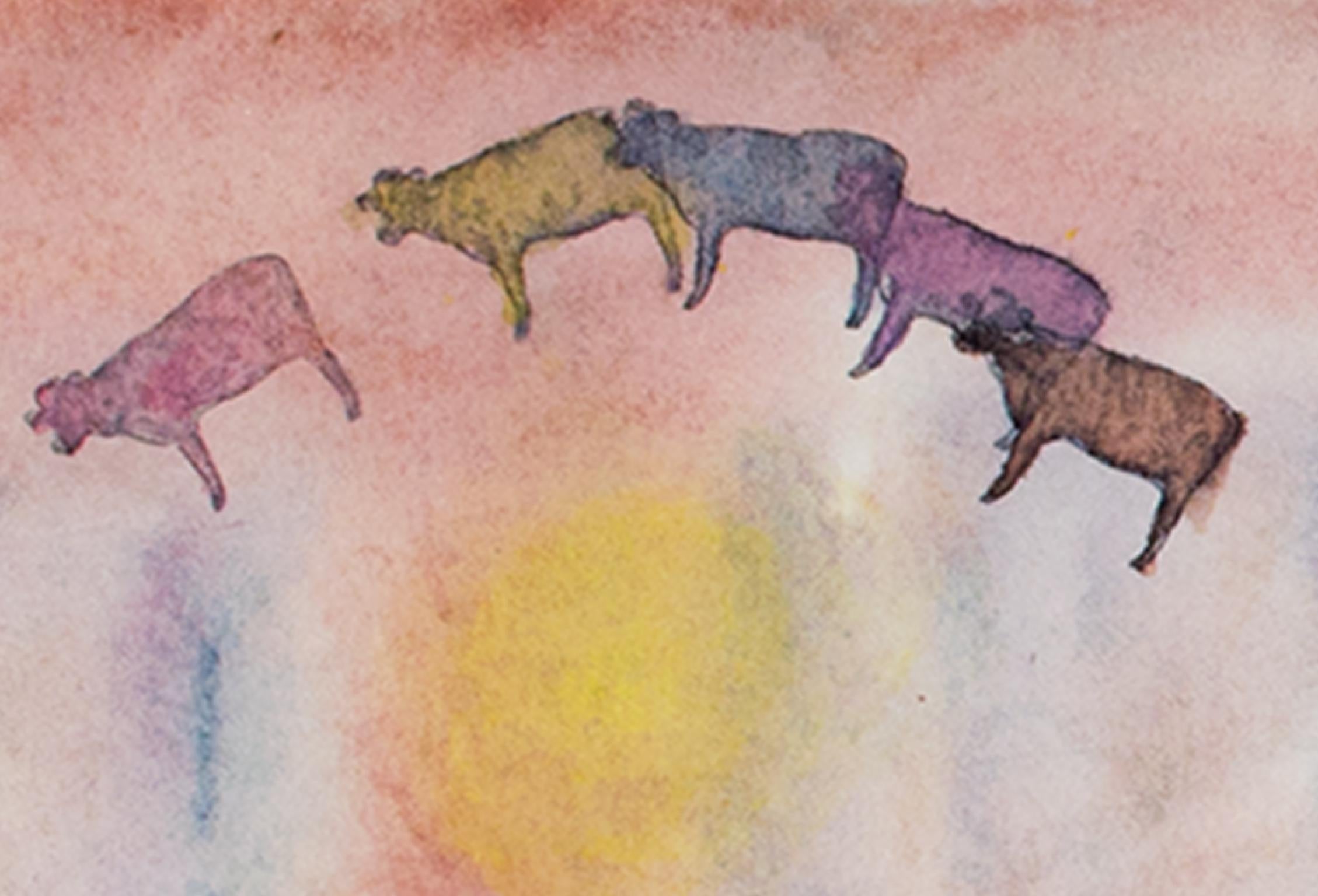 „Impressionen von Mexiko-Stadt: Sueno Vaca (Kuhn-Träumende Kühe)“ Aquarell von Barnett (Grau), Animal Art, von David Barnett