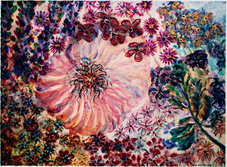 "Giant Hybrid Hibiscus" is an original mixed-media painting by David Barnett, signed in the lower right corner. The giant flower of the titled is a vibrant pink circle in the center, and the surrounding flowers spiral outward  in hues of red,