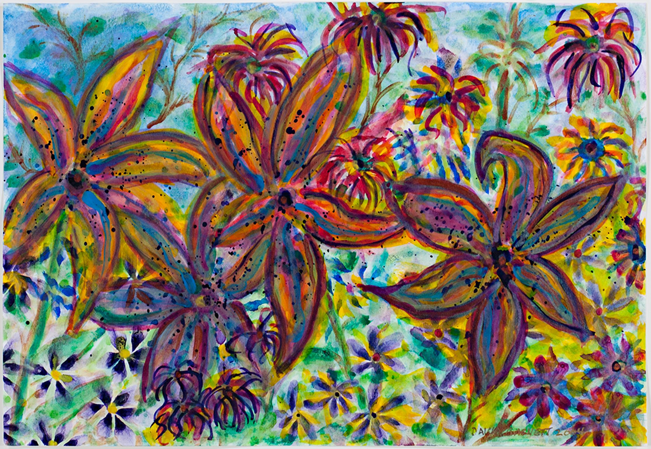 "Chinese Trumpet Lilies Close Up" ist ein Original-Mixed-Media-Gemälde von David Barnett, das Aquarell und schillernde Acryl auf 100% Aquarellpapier enthält. Es ist rechts unten signiert und datiert. Das Bild zeigt im Vordergrund große