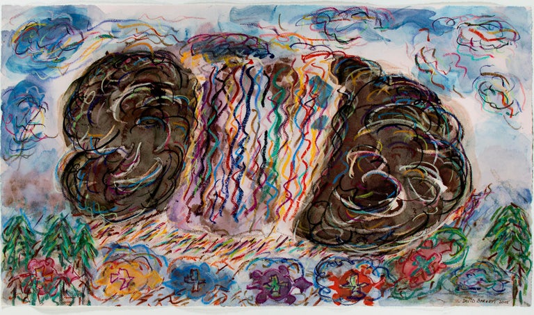 "Morph Dog Series: Dark Clouds Over Chenequa" is an original mixed media painting by David Barnett, incorporating ink, oil pastel, and iridescent acrylic. It is signed in the lower right. This abstract work features a butterfly-like shape with dark