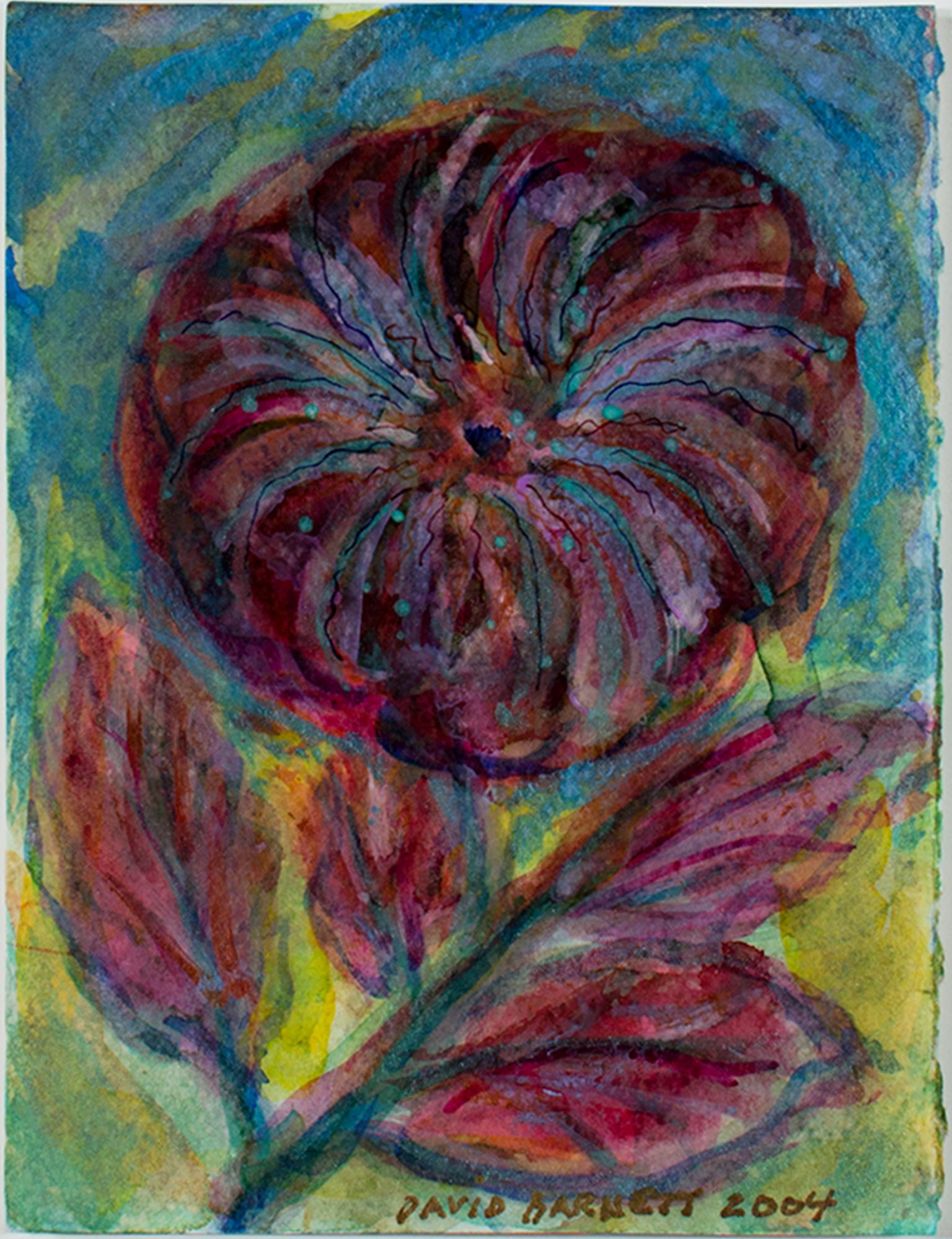 "Iridescent Fireworks Flower" is an original mixed media piece by David Barnett that incorporates iridescent acrylic, ink, and watercolor. It is signed in the lower center and framed with museum glass. A large, deep violet-red flower takes up the