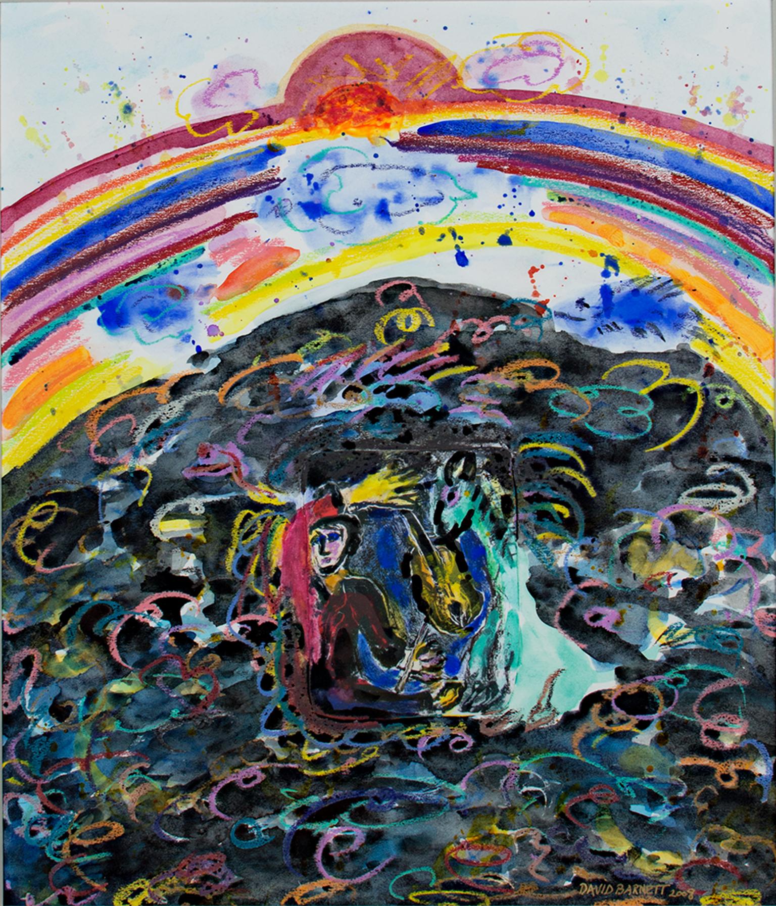 "Famous Artist Series : Hommage à Chagall - Sunrise Sunset" est une œuvre originale de David Barnett, signée en bas à droite, qui incorpore collage et pastel à l'huile sur panneau de musée. La pièce représente un arc-en-ciel de couleurs apparaissant
