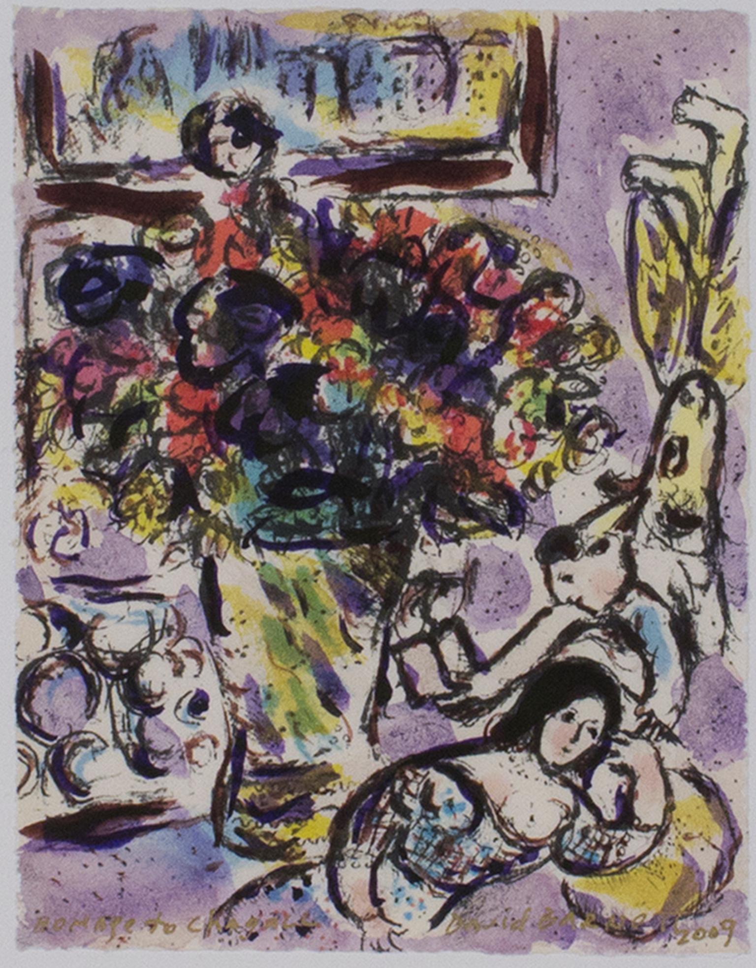 "Homage to Marc Chagall: The Anemones, M730" is an original mixed media piece by David Barnett, signed and dated in the lower right. A large vase of flowers dominates the image from the foreground, a colorful bouquet of red, blue, and yellow. In the
