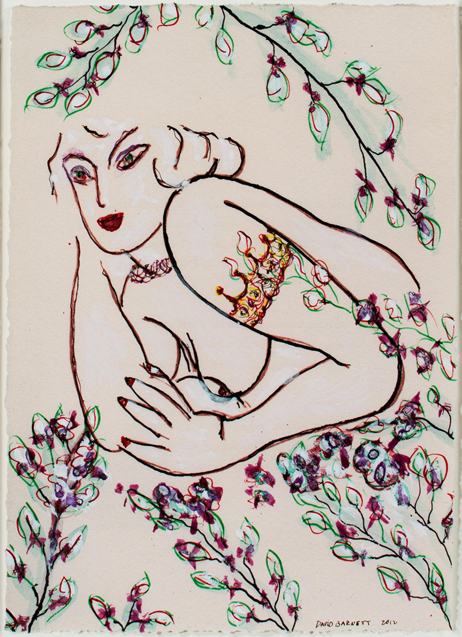 "Famous Artist Series : Tattooed Matisse Model Variation III" est une oeuvre originale en technique mixte de David Barnett, signée et datée en bas à droite. Cette peinture inspirée de Matisse représente une femme entourée de fleurs. Elle a un