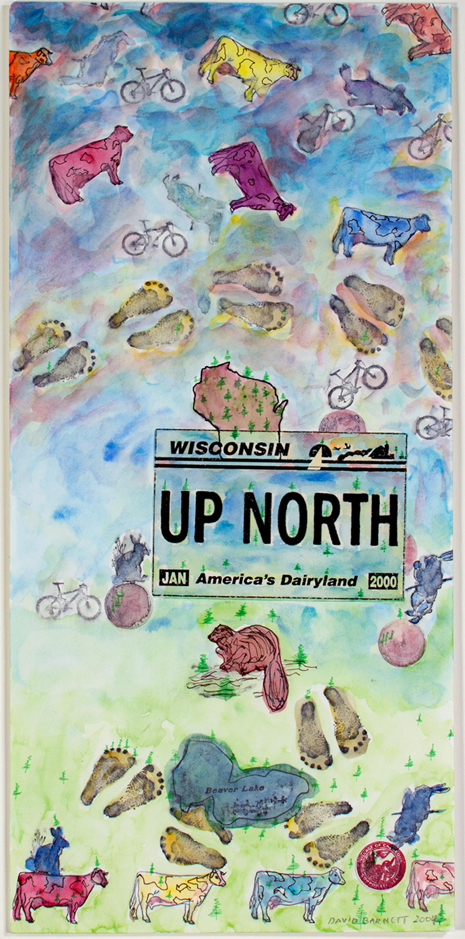 "Up North Series: Think Forests, Think Trees, or Dos Vacas Sin Cabezas" ist ein Originalgemälde in Tusche und Aquarell von David Barnett, signiert unten rechts. Es zeigt ein Nummernschild aus Wisconsin mit der Aufschrift "UP NORTH" in einer