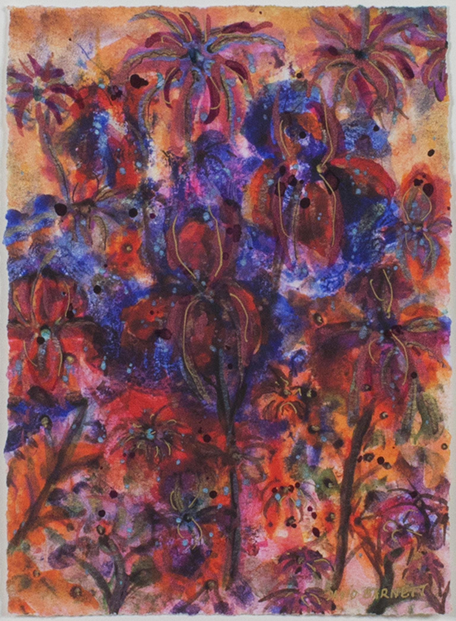 "Sunlit Tropical Orchids" is an original mixed media piece by David Barnett, signed in the lower right.  The expressive brush strokes come together to create brilliant red orchids on a background of deep blue-violet. Smaller flowers surround the