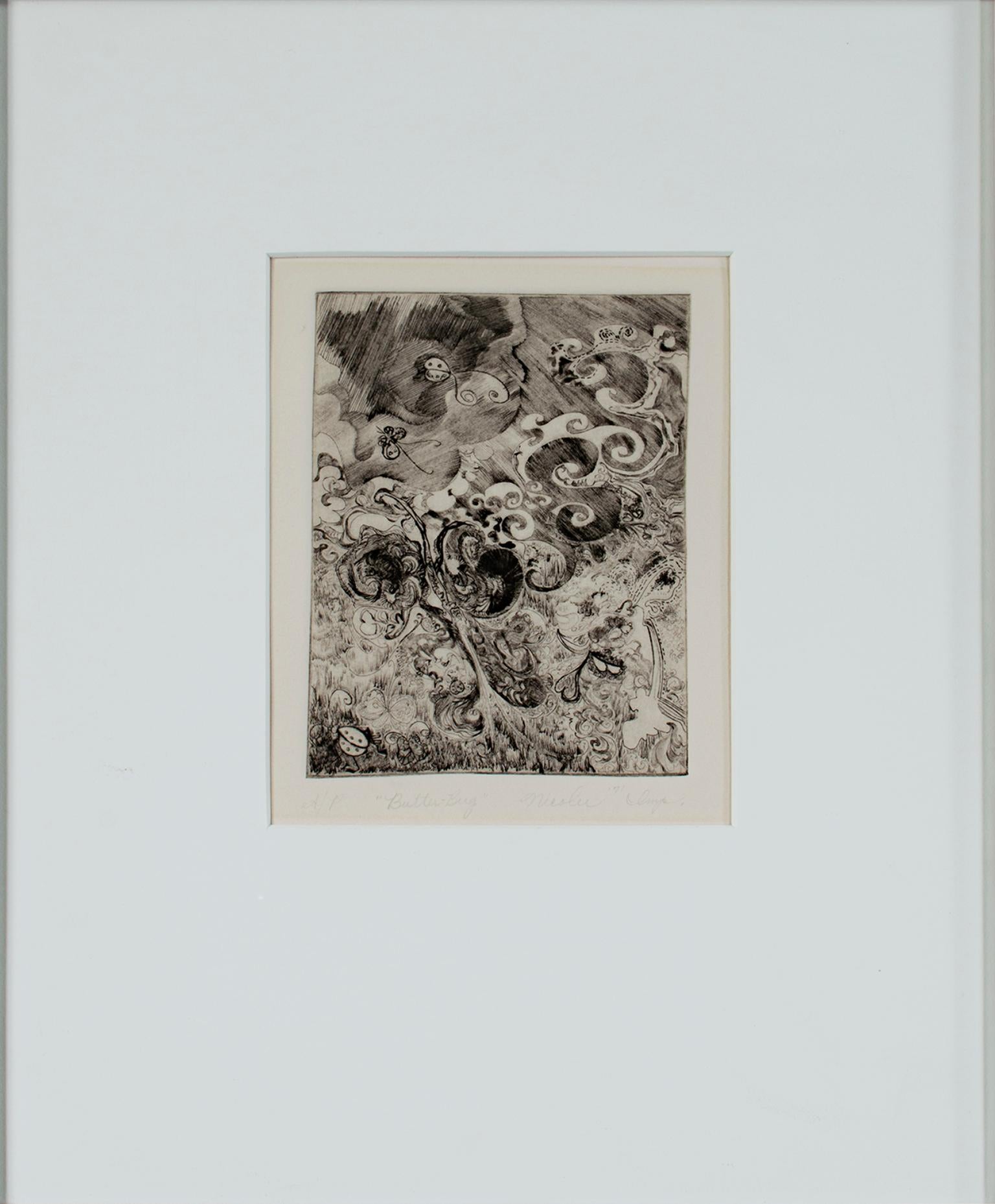 "Butter Bug" ist eine Original-Radierung von Nicolee Teegarden. Dieses Werk zeigt abstrakte, biomorphe Wirbel in Schwarz und Weiß. 

9" x 5" Kunst
17" x 14" Rahmen

Lehrte Kunst an der Tremper High School in Kenosha, WI, und ging im Jahr 2000 in den