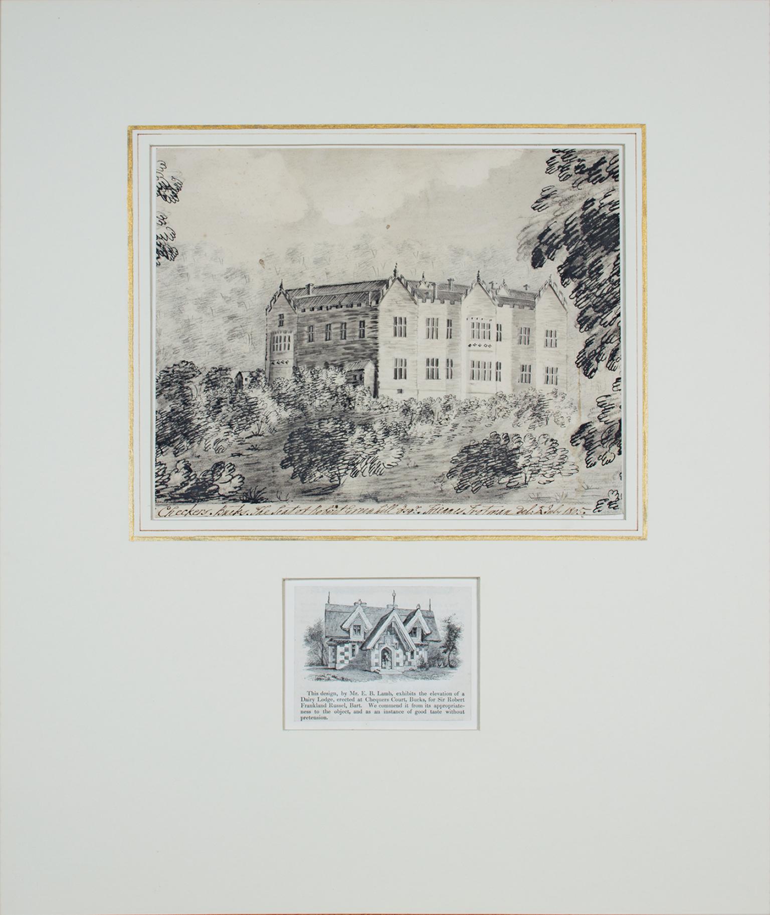 Fiennes Trotman Landscape Art - "View of Chequers Court, " Pencil & Ink by F. Trotman from Rothschild estate