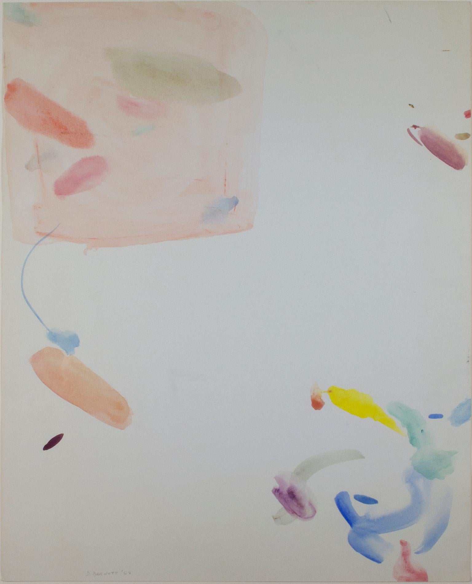 "Station spatiale" est une aquarelle originale de David Barnett. L'artiste a signé l'œuvre. Cette œuvre d'art présente des marques abstraites et des champs de couleurs claires et pastel en rouge, orange, jaune, vert, bleu et violet. 

art 28" x