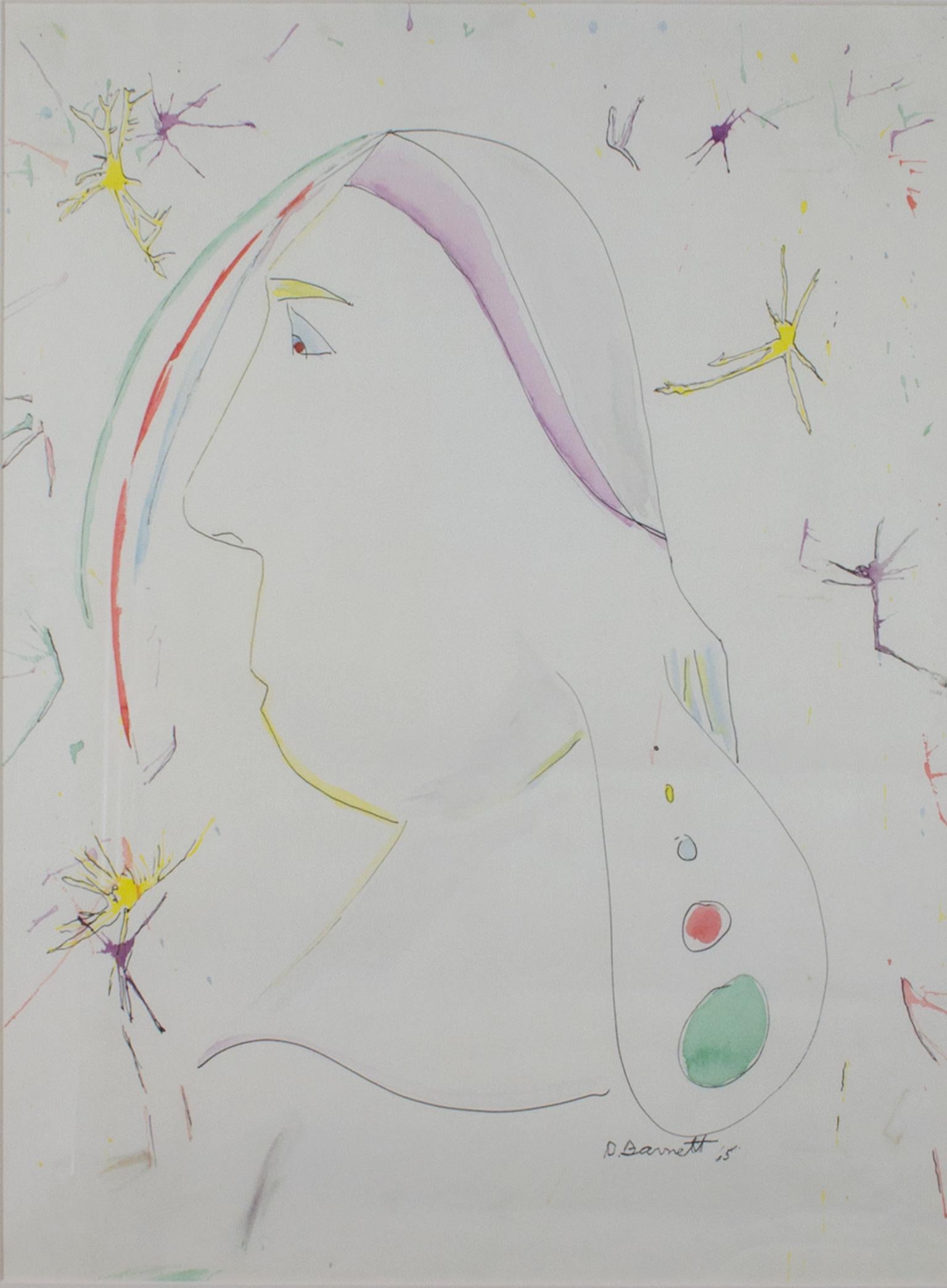 "Tête de femme avec des étoiles" est une peinture originale à l'aquarelle et à l'encre de David Barnett. L'artiste a signé l'œuvre. Cette œuvre d'art représente le profil d'une tête de femme entourée de divers symboles abstraits, comme des étoiles,