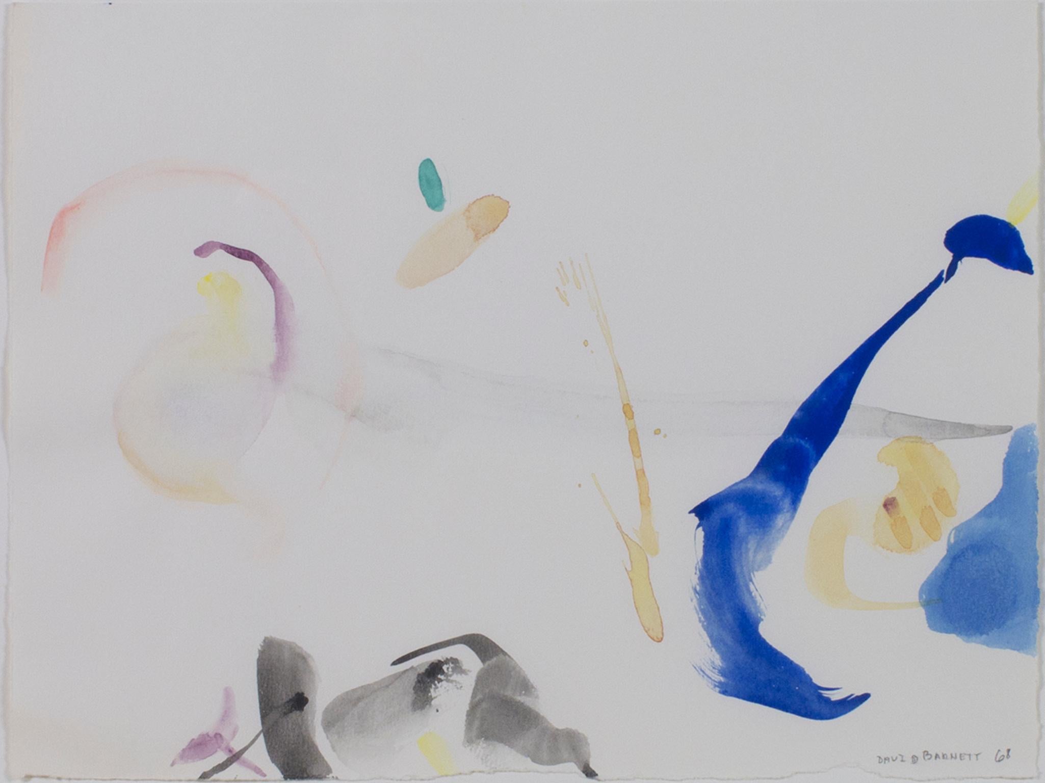 "Odyssée de l'espace" est une aquarelle originale de David Barnett. L'artiste a signé l'œuvre. Cette œuvre d'art présente des marques et des coups de pinceau abstraits en bleu, violet, gris, jaune et vert. 

Taille de l'œuvre : 9 7/8" x 12 7/8".