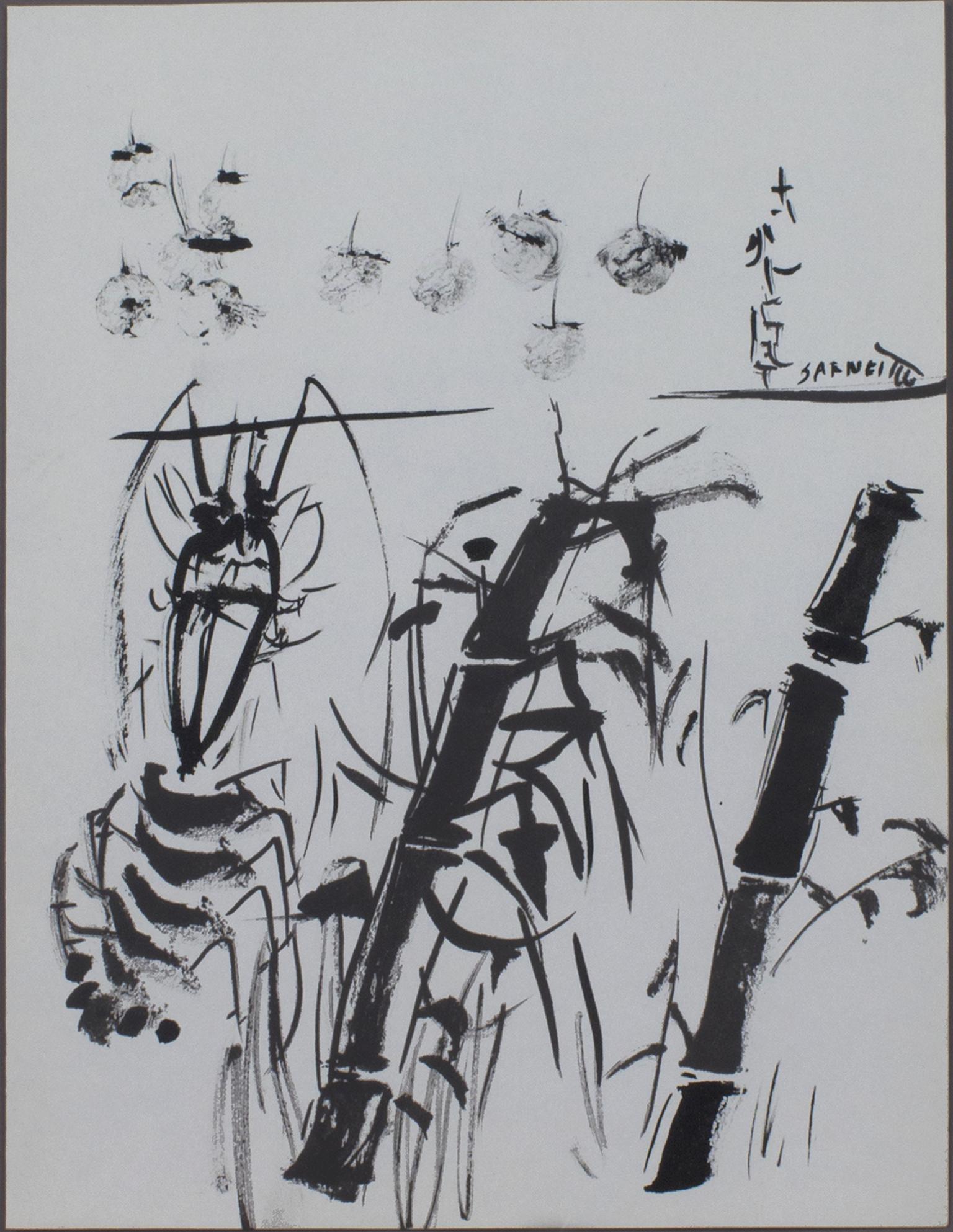 "Bamboo, Lobster, & Cherries" est un dessin original à l'encre surréaliste de David Barnett, signé en haut à droite. Dans cette œuvre, un homard se transforme en une tige de bambou en trois étapes. Au-dessus de l'horizon, une dizaine de cerises