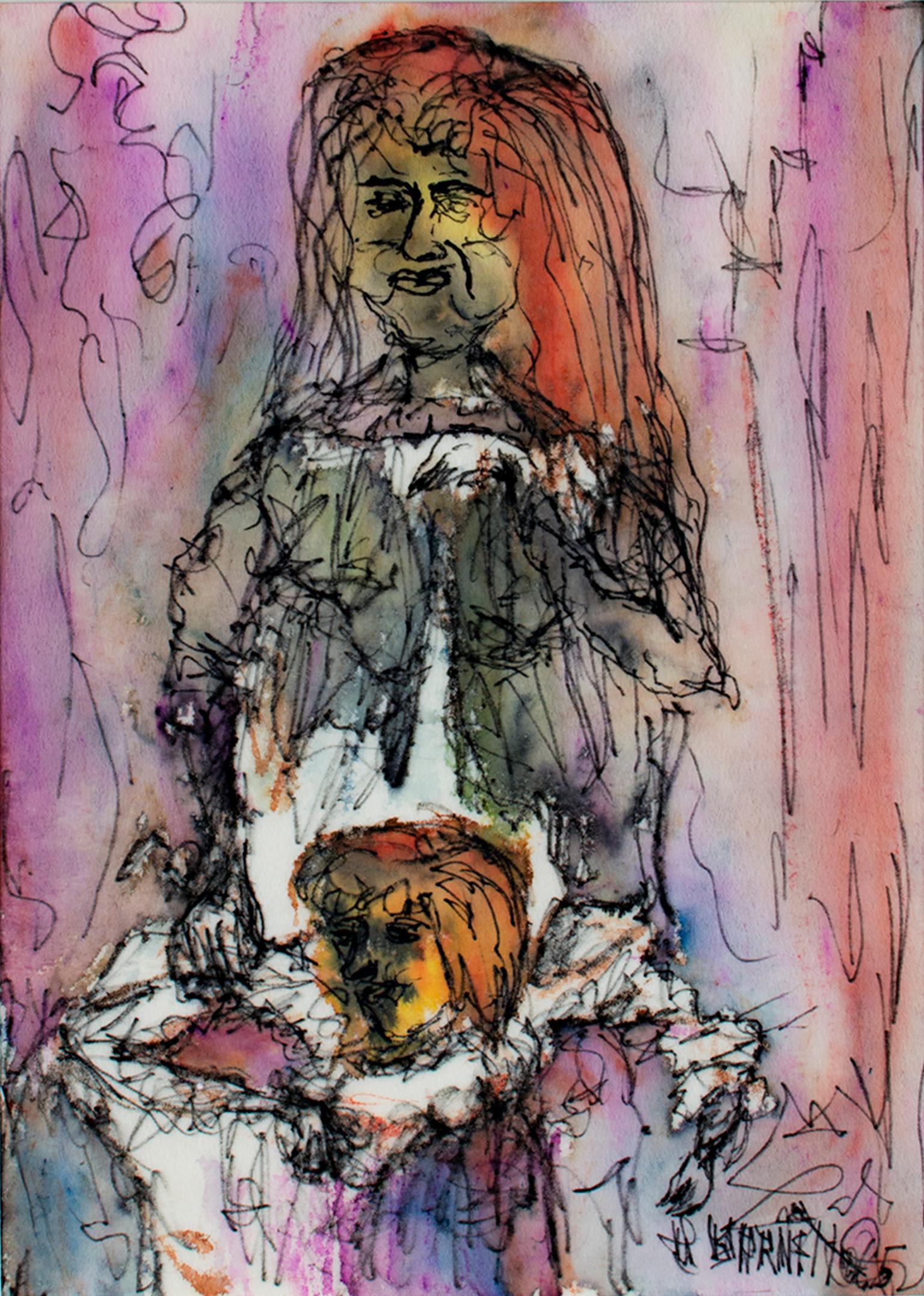 "Madonna and Child" est une œuvre originale à l'aquarelle et à l'encre de David Barnett, signée en bas à droite. L'image présente des rouges et des violets chauds et des lignes noires esquissées qui rappellent les dessins d'Egon Shiele. La Madone