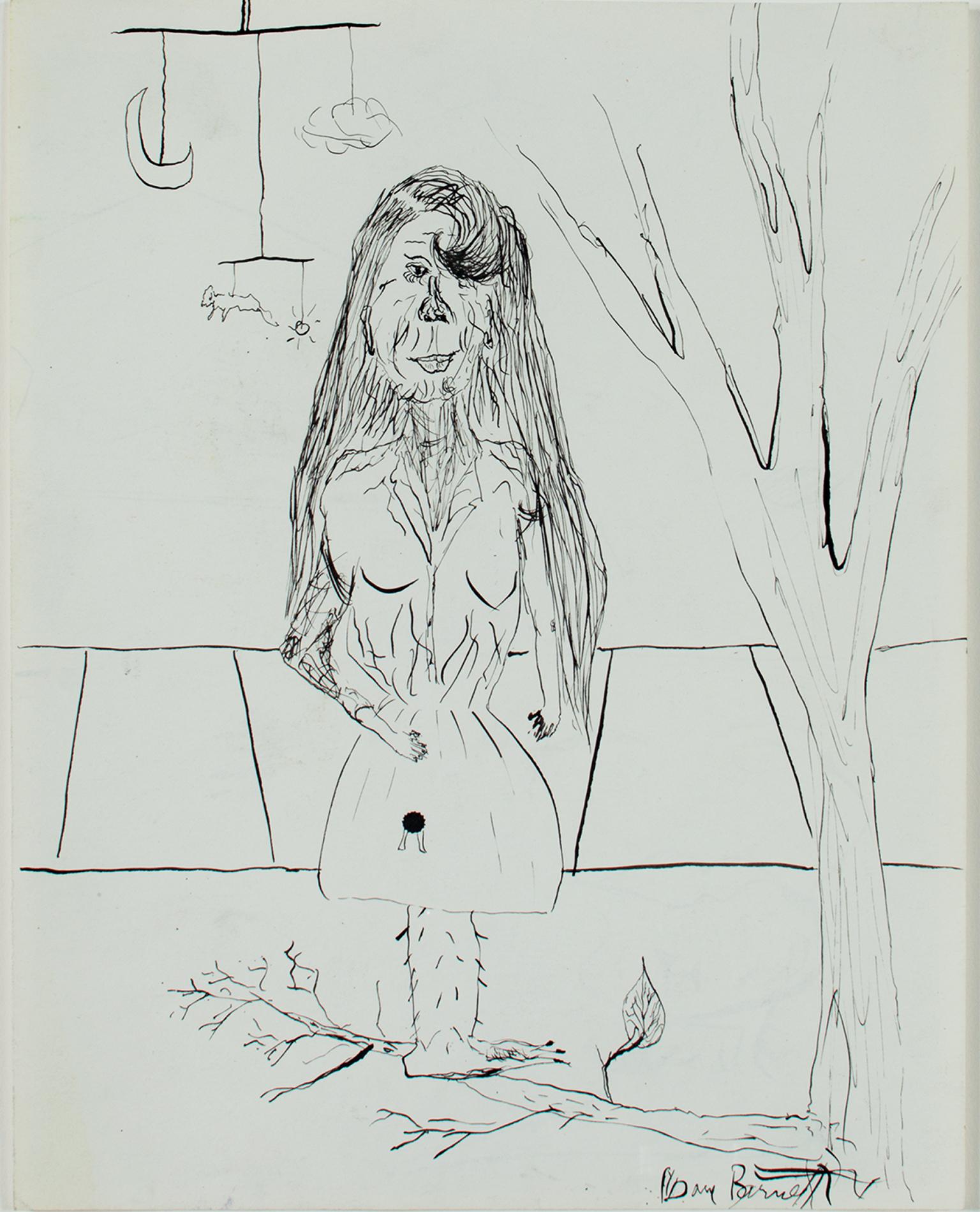"Out on a Limb" is an original ink drawing with a second side, titled "Tortoise & the Hare," both by David Barnett. It is signed on the lower right verso. On the front side, a bearded lady stands on a tree branch in front of a sidewalk and a